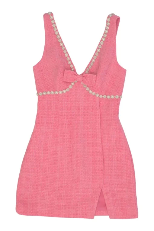 Pink bow and faux pearl-embellished polyester bouclé tweed plunge neck slit-front bustier mini dress