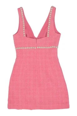 Pink bow and faux pearl-embellished polyester bouclé tweed plunge neck slit-front bustier mini dress