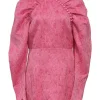 Pink carnation number 1 jacquard mock neck mini dress with gathered dolman sleeves