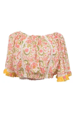 Pink cotton floral print off-shoulder bandeau top