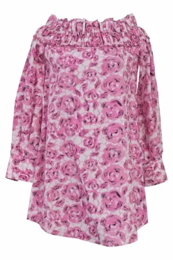 Pink cotton floral print off-shoulder swing-style tunic top
