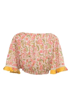Pink cotton floral print off-shoulder bandeau top