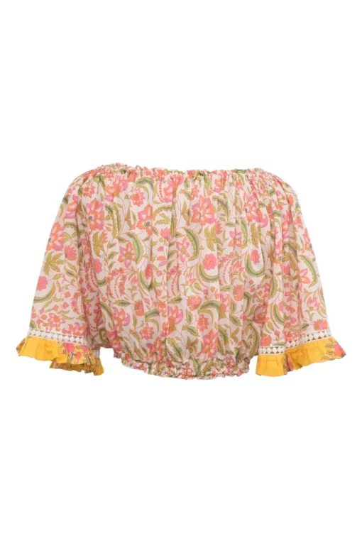Pink cotton floral print off-shoulder bandeau top