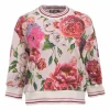 Pink cotton French terry rose digi-print crewneck pullover hoodie with cropped sleeves