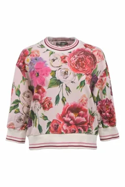 Pink cotton French terry rose digi-print crewneck pullover hoodie with cropped sleeves