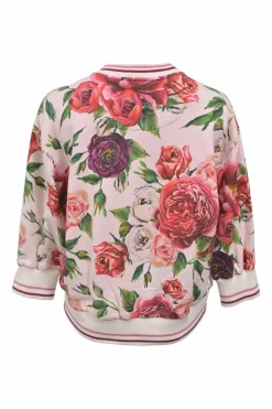 Pink cotton French terry rose digi-print crewneck pullover hoodie with cropped sleeves