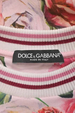 Pink cotton French terry rose digi-print crewneck pullover hoodie with cropped sleeves