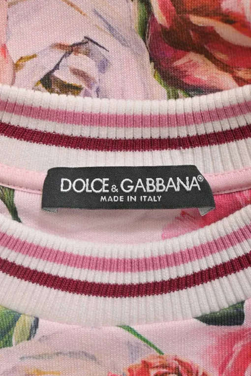 Pink cotton French terry rose digi-print crewneck pullover hoodie with cropped sleeves