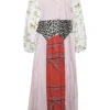 Pink cotton poplin slip-on Sweeny patchwork midaxi dress with V-neckline, blouson sleeves and A-line skirt
