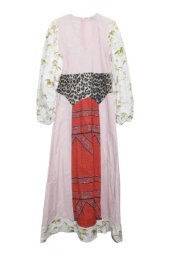 Pink cotton poplin slip-on Sweeny patchwork midaxi dress with V-neckline, blouson sleeves and A-line skirt