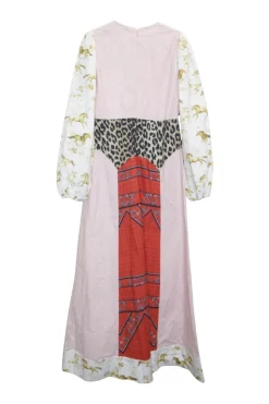 Pink cotton poplin slip-on Sweeny patchwork midaxi dress with V-neckline, blouson sleeves and A-line skirt