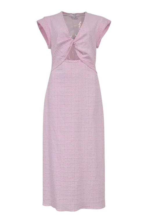 Pink cotton-blend Barbara sheath column midi dress with cap sleeves and twist cutout front detail