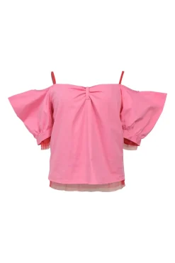 Pink cotton-blend cold-shoulder top with oversized puff sleeves, adjustable straps, and contrasting tulle inserts