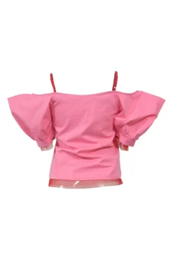 Pink cotton-blend cold-shoulder top with oversized puff sleeves, adjustable straps, and contrasting tulle inserts