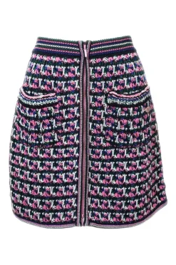 Pink cotton-blend racked knit zip-front mini skirt