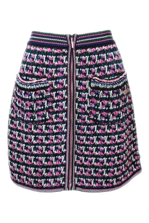 Pink cotton-blend racked knit zip-front mini skirt
