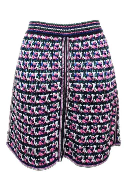 Pink cotton-blend racked knit zip-front mini skirt
