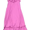 Pink cotton-blend swing-style ruffle shift dress with fixed straps