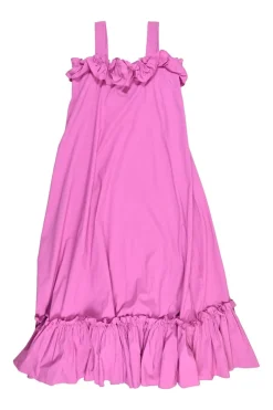 Pink cotton-blend swing-style ruffle shift dress with fixed straps