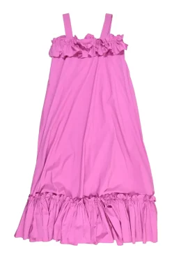 Pink cotton-blend swing-style ruffle shift dress with fixed straps