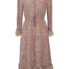 Pink cotton-silk blend lace-trimmed paisley print tie-neck scalloped A-line knee-length dress