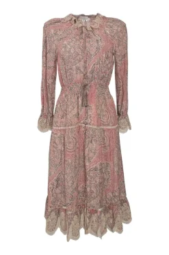 Pink cotton-silk blend lace-trimmed paisley print tie-neck scalloped A-line knee-length dress