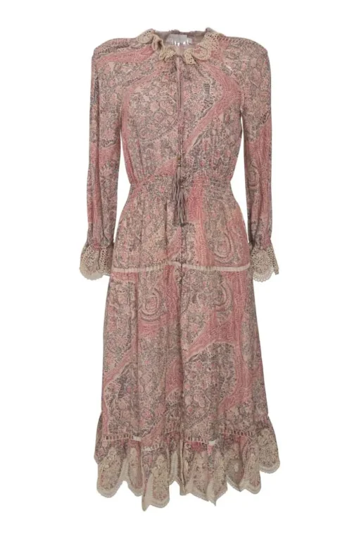 Pink cotton-silk blend lace-trimmed paisley print tie-neck scalloped A-line knee-length dress