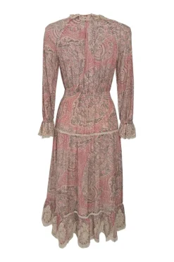 Pink cotton-silk blend lace-trimmed paisley print tie-neck scalloped A-line knee-length dress
