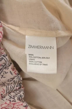 Pink cotton-silk blend lace-trimmed paisley print tie-neck scalloped A-line knee-length dress