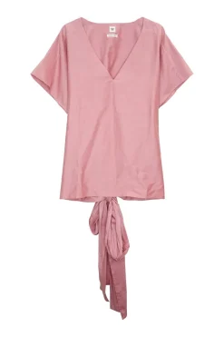 Pink cotton-silk blend pullover open knot-back dolman sleeve blouse