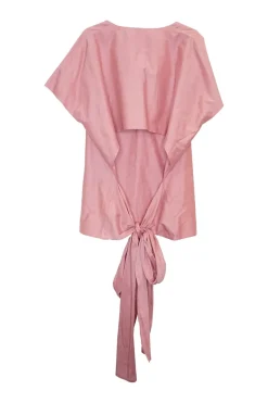 Pink cotton-silk blend pullover open knot-back dolman sleeve blouse