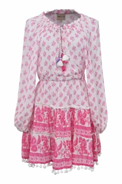 Pink crinkle viscose floral paisley print gathered tie-neck keyhole-front mini dress with blouson sleeves