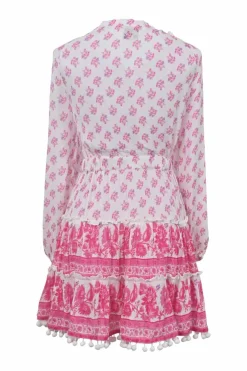 Pink crinkle viscose floral paisley print gathered tie-neck keyhole-front mini dress with blouson sleeves