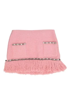 Pink crystal-embellished cotton-blend metallic fringe bouclé tweed low-rise mini skirt