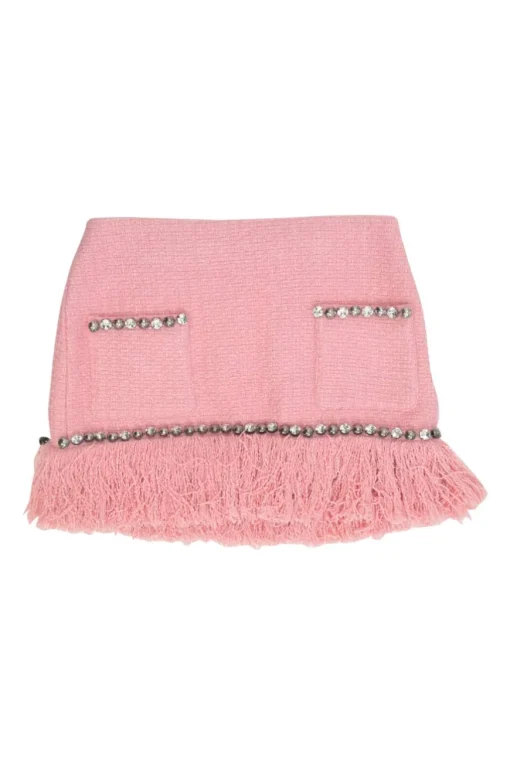 Pink crystal-embellished cotton-blend metallic fringe bouclé tweed low-rise mini skirt