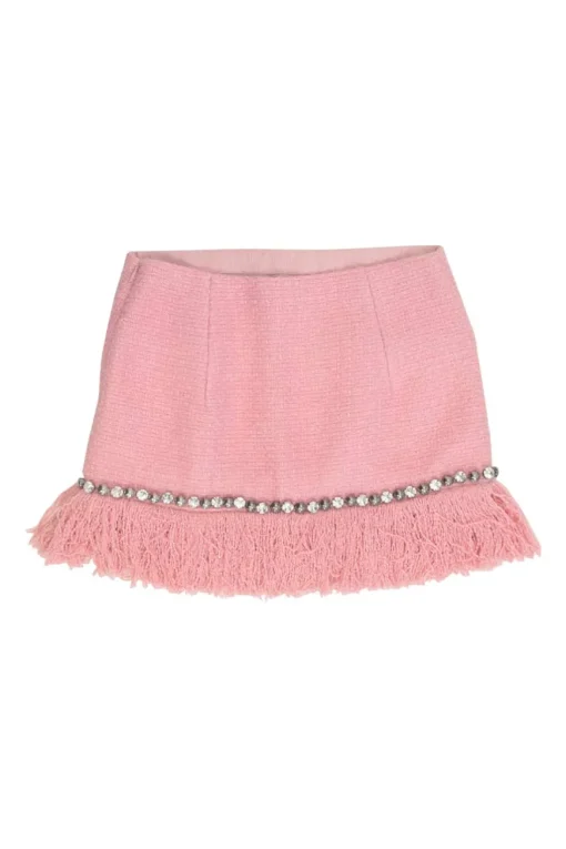 Pink crystal-embellished cotton-blend metallic fringe bouclé tweed low-rise mini skirt