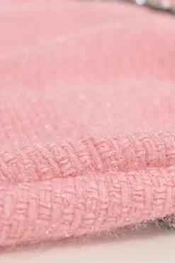 Pink crystal-embellished cotton-blend metallic fringe bouclé tweed low-rise mini skirt