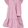 Pink draped polyester flutter sleeve pullover swing-style shift dress with ruffle hem and bow appliqué