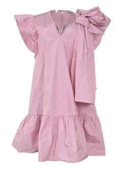 Pink draped polyester flutter sleeve pullover swing-style shift dress with ruffle hem and bow appliqué