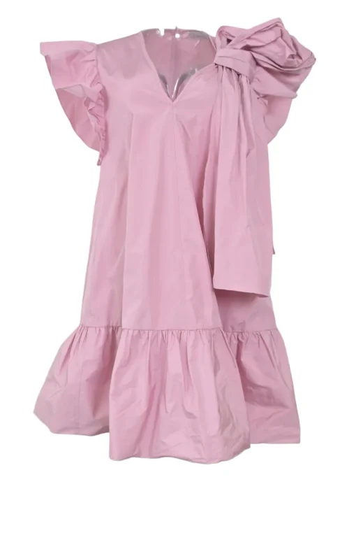 Pink draped polyester flutter sleeve pullover swing-style shift dress with ruffle hem and bow appliqué