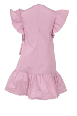 Pink draped polyester flutter sleeve pullover swing-style shift dress with ruffle hem and bow appliqué