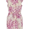 Pink draped silk floral print stand collar half-button cap sleeve sheath dress with slanted hip pockets
