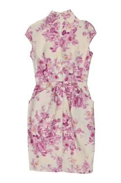 Pink draped silk floral print stand collar half-button cap sleeve sheath dress with slanted hip pockets