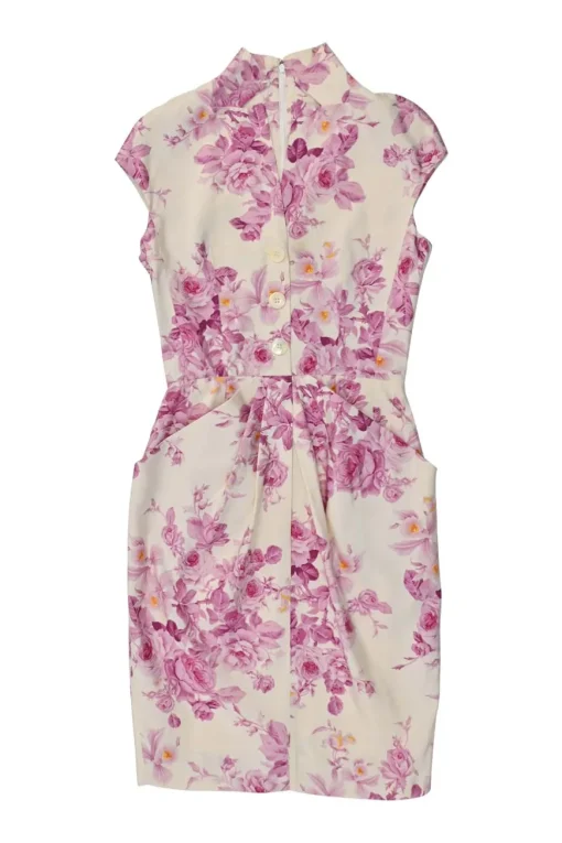 Pink draped silk floral print stand collar half-button cap sleeve sheath dress with slanted hip pockets