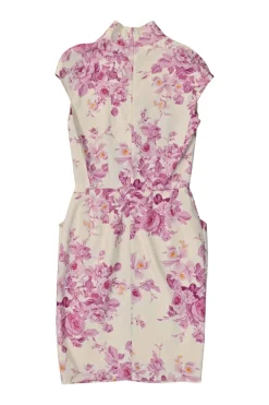 Pink draped silk floral print stand collar half-button cap sleeve sheath dress with slanted hip pockets