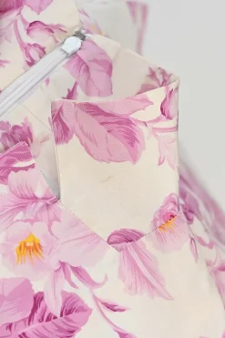 Pink draped silk floral print stand collar half-button cap sleeve sheath dress with slanted hip pockets
