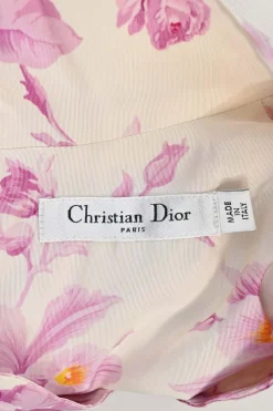 Pink draped silk floral print stand collar half-button cap sleeve sheath dress with slanted hip pockets