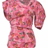 Pink draped viscose-blend Madinea abstract floral print jacquard wrap-effect asymmetric puff sleeve top