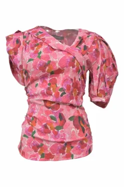 Pink draped viscose-blend Madinea abstract floral print jacquard wrap-effect asymmetric puff sleeve top