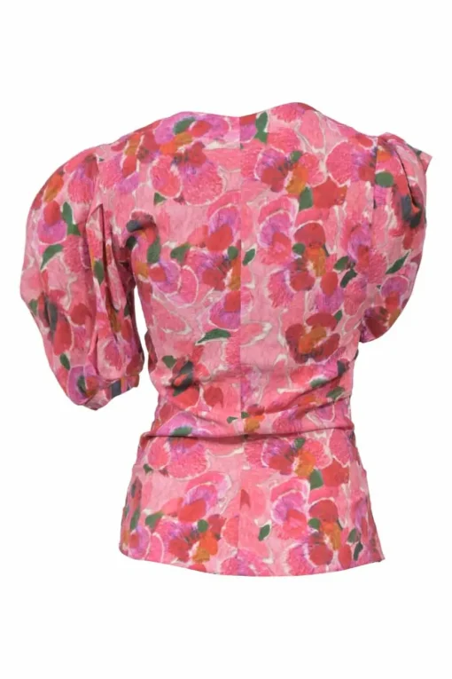 Pink draped viscose-blend Madinea abstract floral print jacquard wrap-effect asymmetric puff sleeve top